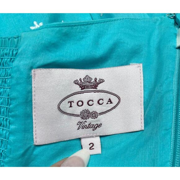 Vintage Tocca Mini Dress sz 2 Blue Embroidered Tie Neck - Picture 6 of 14